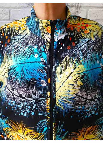 Жіночий халат великого розміру батал на блискавці, з кишенями довгий рукав, темно-синій принт в яскраве пір'я двонитка No Brand (368883037)