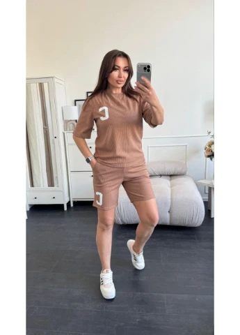 Костюм літній жіночий у рубчик кавового кольору 38075 Fashion (391990257)