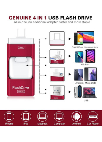 Флеш-накопитель ZARMST 4 В 1. 256 ГБ.Флешка для iPhone, iPad, Android, компьютера. Скорость чтения до 80 Мб/с No Brand (364273403)