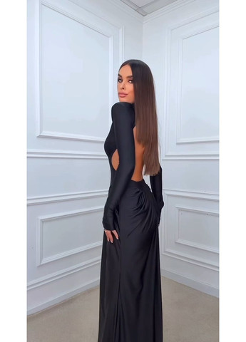 Чорна святковий, вечірня жіноча сукня максі з драпіруванням та відкритою спиною з відкритою спиною MonCher