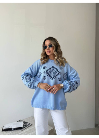 Голубой демисезонный женский классический свитер с этническим узором голубого цвета 34181 No Brand