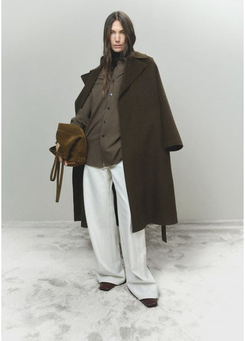 Оливковое (хаки) демисезонное Пальто ручной работы с поясом Mango