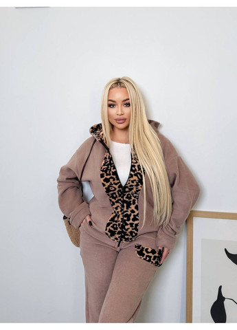 Жіночий флісовий костюм з леопардовими вставками: худі на блискавці та штани MonCher (362501248)