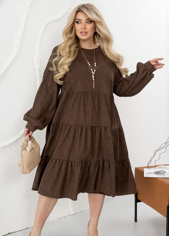 Коричнева повсякденний, вечірня вельветова сукня міді а-силует вільного фасону з довгими рукавами дзвін, кльош, а-силует No Brand однотонна