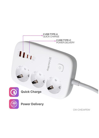 Мережевий фільтр живлення CW-CHE34PDW 3 розетки/4USB (CW-CHE34PDW) Colorway (313327399)
