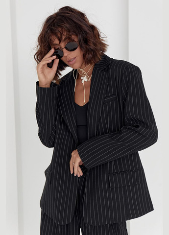Черный женский женский пиджак на пуговицах в полоску 9304 Lurex полосатый - демисезонный