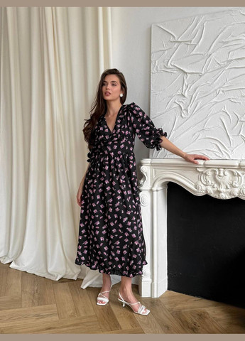 Черное повседневный, кэжуал платье в цветочный принт No Brand с цветочным принтом