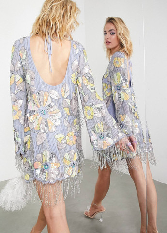 Блакитна сукня міні вишита квітами з паєток та бахромою із бісеру Asos