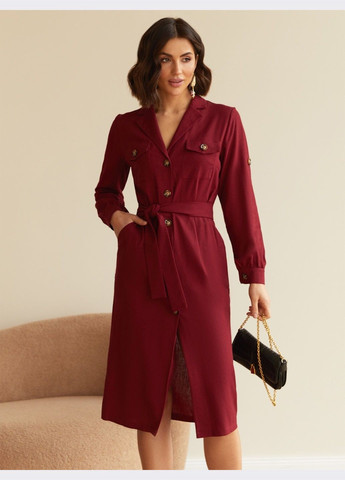 Бордовое льняное платье-рубашка бордового цвета со шлёвками на рукавах Dressa
