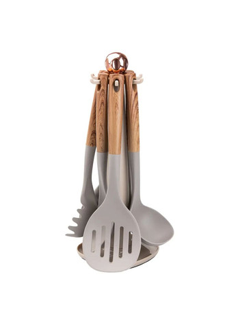 Набор кухонных принадлежностей на подставке 6 штук, дерево TS Kitchen серые,