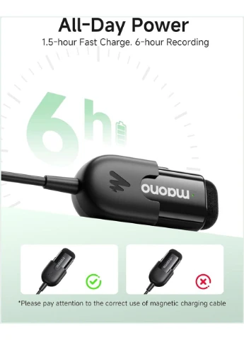 Мікрофон Wave T1 mini бездротовий петличний USB-C MFi, 48kHz, 100 м, 4-рівневе AI шумозаглушення, чорний Maono (381512307)