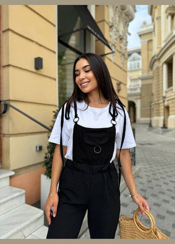 Універсальний чорний літній комбінезон в одному розмірі з якісного льону, базовий комбез, який добре тягнеться. No Brand 109-1 однотонний чорний