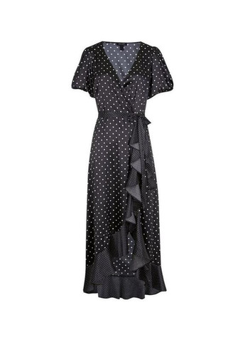 Черное платья макси атласная сатиновая на запах горошек. New Look