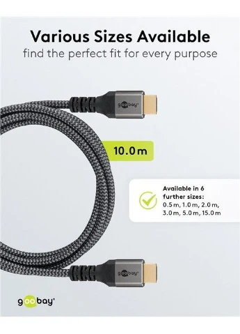 Кабель монітора сигнальний HDMI M/M (тато/тато) 10.0m v2.0 4K@60Hz D=5.5mm 3xS Textile Goobay (381406357)
