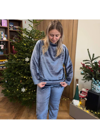 Серо-голубая всесезон пижама (кофта+штани) женская теплая велсофт р серо-голубая kpv2 Ananasko