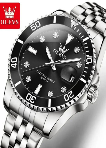 Годинник чоловічий 9809 Black Natural кварцовий наручний із датою на металевому браслеті Olevs (354820499)