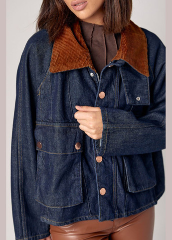 Темно-синяя демисезонная джинсовая куртка с вельветовым воротником и накладными карманами Lurex