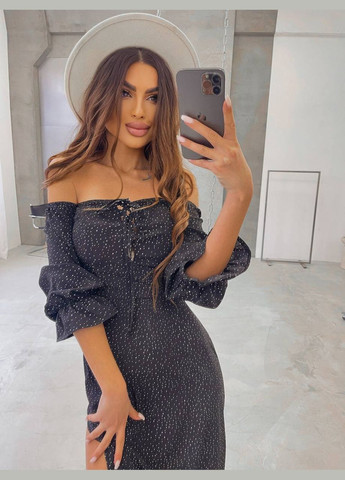 Черное шикарное чёрное платье макси в белую точку из софта, вечернее летнее платье с разрезом от бедра и шнуровкой на гурди No Brand