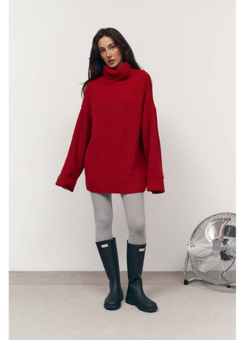 Червоний зимовий жіночий подовжений светр оверсайз з високою горловиною MonCher