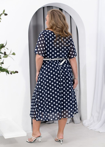 Темно-синя повсякденний, коктейльна, вечірня шифонова сукня в горошок з підкладкою та ременем дзвін, а-силует No Brand в горошок