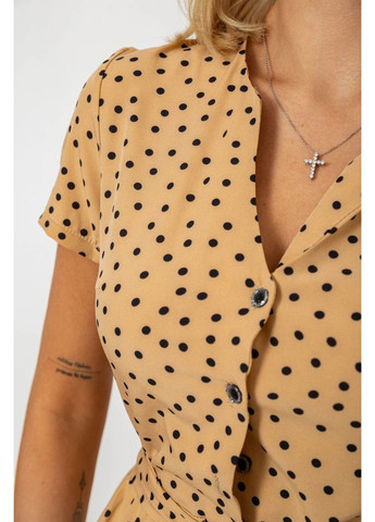 Темно-бежевое платье софт с принтом в горох, 230r0032-3 Ager