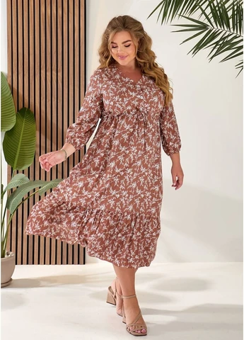 Кавова літня сукня міді із завищеною талією Fashion