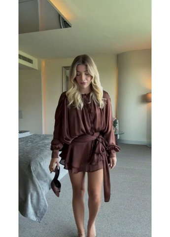 Коричнева святковий шовкова сукня з шортиками та об'ємною драпіровкою MonCher