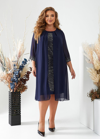 Темно-синее праздничный, коктейльное, вечернее платье шифоновое со стразами а-силуэт оверсайз, а-силуэт No Brand однотонное