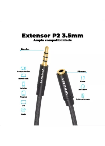 Аудиокабель удлинитель Cotton Braided 3.5mm Cable 1M Black Metal Type (BHBBF) Vention Audio Extension (372676522)