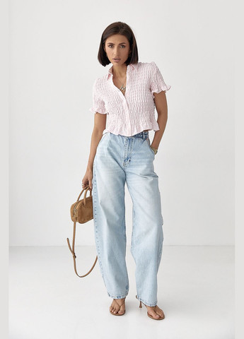 Рожева смугаста блуза з ефектом жниварки - кавовий Lurex