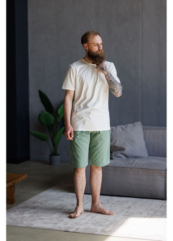 Пижама мужская футболка молочная + шорты HOMELY в клетку зеленые Handy Wear (337715530)