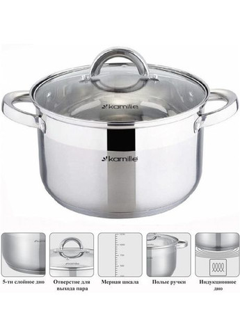 Каструля 5.5л з нержавіючої сталі з кришкою для приготування їжі жароміцна каструля з паровідведенням Kamille (368977981)