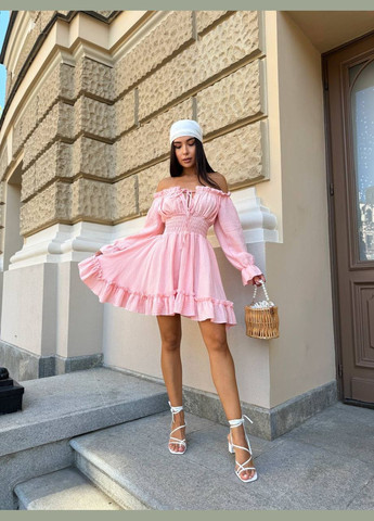 Світло-рожева кежуал пишна міні сукня з мусліну кльош, з пишною спідницею Adelante однотонна