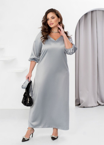 Сіра святковий, вечірня вечірня сукня шовкова з довгими рукавами та поясом дзвін, а-силует No Brand однотонна
