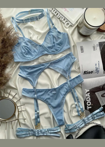 Голубой демисезонный комплект нижнего белья в сеточку с поясом прозрачный голубой No Brand