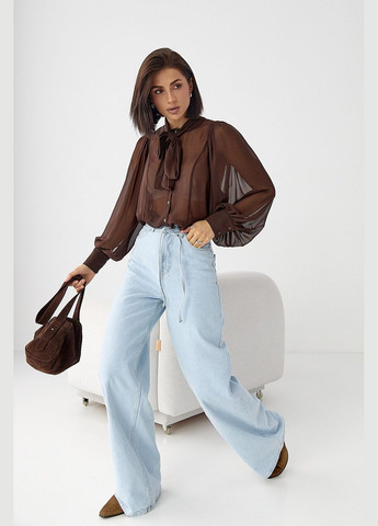 Коричнева прозора блуза з рукавами-ліхтариками Lurex