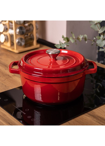 Кастрюля чугунная эмалированная 2 л Красная для приготовления блюд с крышкой жаровня кастрюля для запекания ProDobro (364192557)