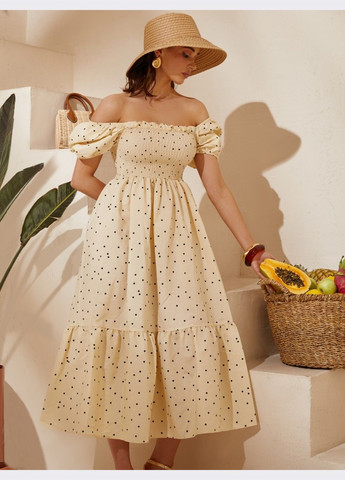 Бежева сукня-міді бежевого кольору в горошок Dressa