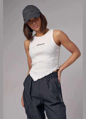 Жіноча майка в рубчик з асиметрією і написом Amour Liton — 296469603