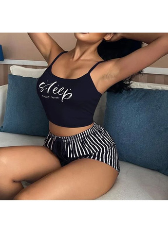 Чорна бавовняна піжама жіноча в полоску з надписом. бавовняна піжама двійка із топом і шортами China