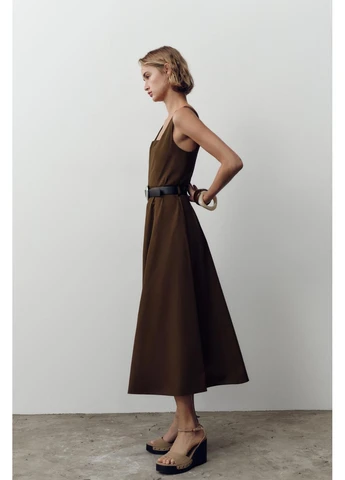 Коричневое платье миди с поясом Zara