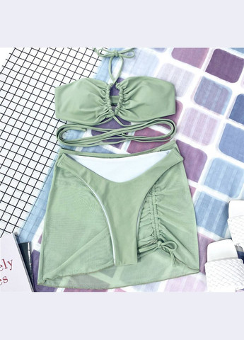 Оливковый летний женский раздельный купальник тройка с завязками вокруг талии и юбкой zebra бежевый No Brand