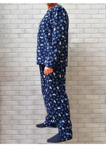 Теплая зимняя мужская пижама, флисовый комплект для дома, кофта с длинным рукавом и штаны, темно синяя с оленями No Brand (368883012)