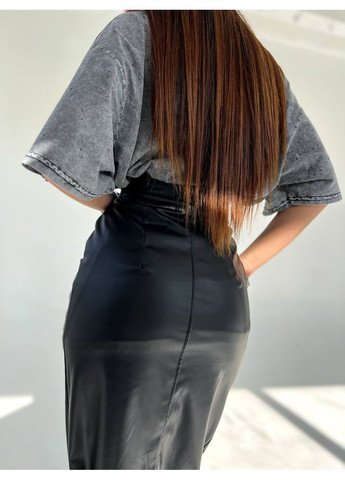 Черная повседневная, кэжуал однотонная женская юбка из экокожи No Brand