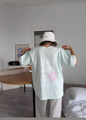 Женская качественная нежная хлопковая футболка оверсайз с надписью siesta beach one size мятный хлопок Україна - (339402890)