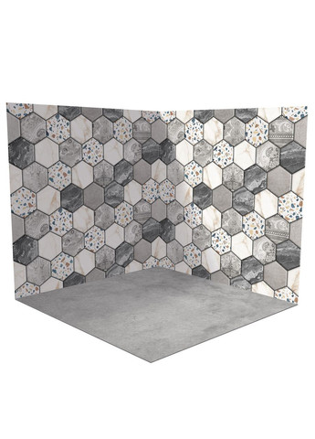 Фон вініловий 3D кутовий, стіна шестикутна плитка, підлога бежевий мармур і сірий бетон, 50×50 см, №58215 PhotoVinyl (354360380)