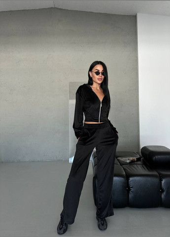 Качественный чёрный велюровый костюм двойка (кофта с капюшоном+штаны), приятный к телу мягкий костюмчик No Brand 691 (301066486)