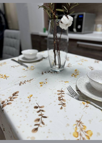 Скатертина Золоті квіти з Тефлоновим покриттям бавовняна Вологовідштовхувальна 150х220 см Біла No Brand (283038930)