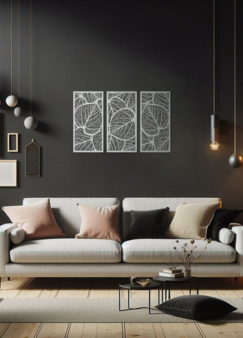 Інтер'єрна картина на стіну, декор в кімнату "Листочки картина з трьох частин", стиль мініімалізм 70х110 см Woodyard (292112213)