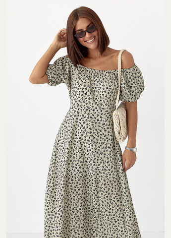 Кавова квіткова сукня з рукавами-ліхтариками Lurex